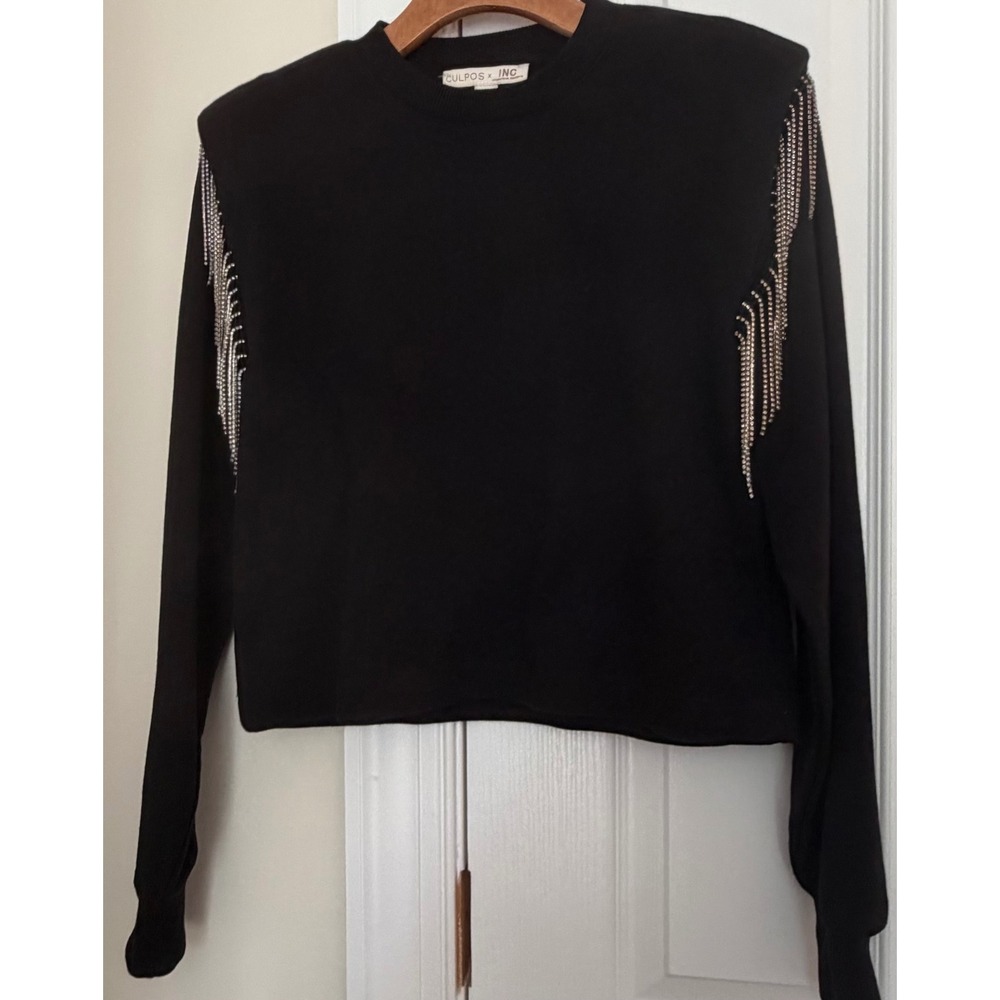 Culpos x INC Black Rhinestone Fringe Shoulder Pad Cropped Sweatshirt XS